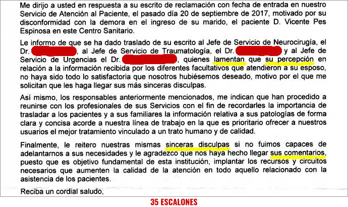 Carta del Hospital Fundación Jiménez Díaz respondiendo a una Hoja de Reclamaciones
